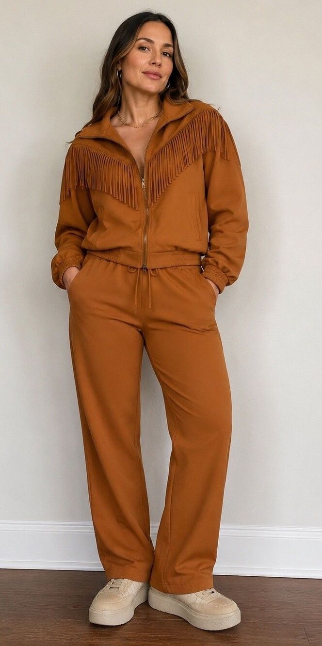 VTG Fuda International 100% Silk Jacket Suit SET Gold Fringe Size L Hippie Boho